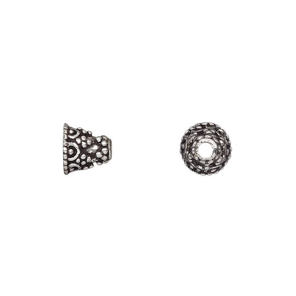 Cone, antique silver-plated brass, 8x7mm beaded, 4mm hole. Sold per pkg of 12. image number 0