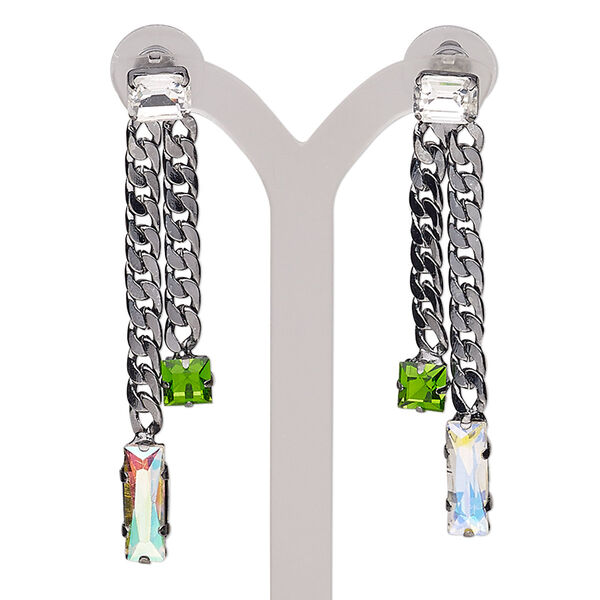 Earring, glass / stainless steel / gunmetal-finished steel, clear AB / clear / green, 2-1/2 inches with rectangle and post. Sold per pair. image number 0