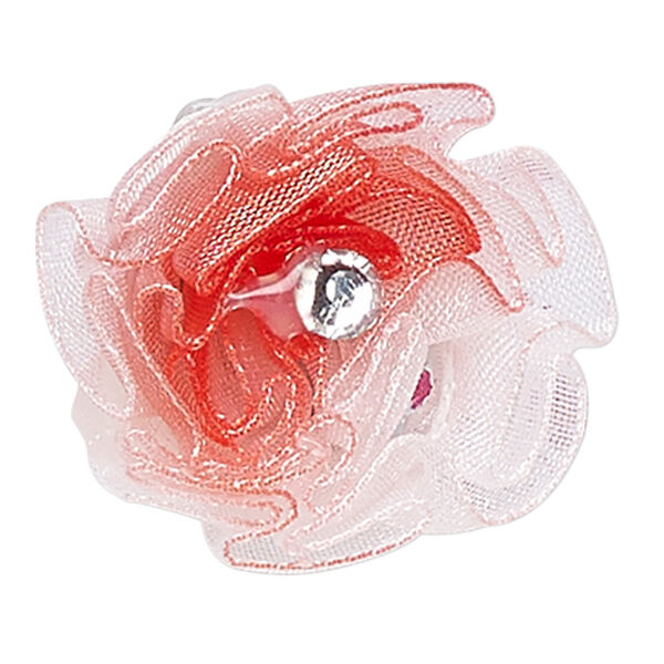 Ring, organza / acrylic rhinestone / silver-finished steel, white / red / clear, 30x30mm-35x35mm flower, adjustable. Sold individually. image number 0