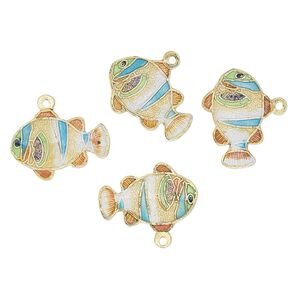 Charm, cloisonné, enamel and gold-finished brass, multicolored, 20x14mm fish with stripes. Sold per pkg of 4.
