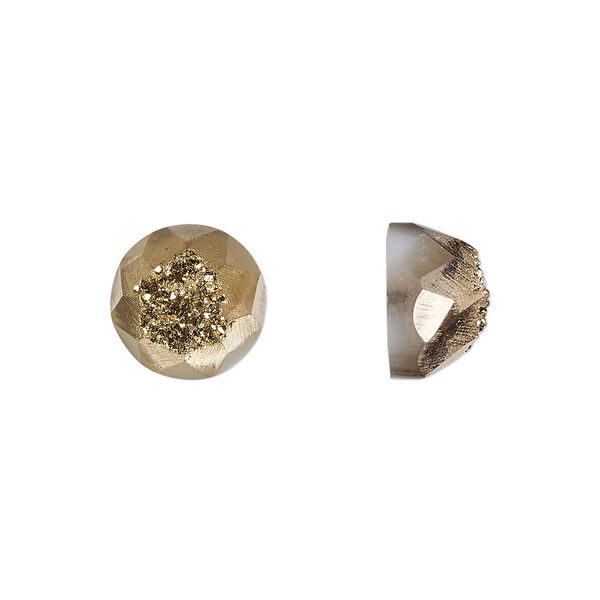 Cabochon, druzy agate (coated), golden, 10mm hand-cut loosely calibrated faceted round, B grade, Mohs hardness 7. Sold individually. image number 0