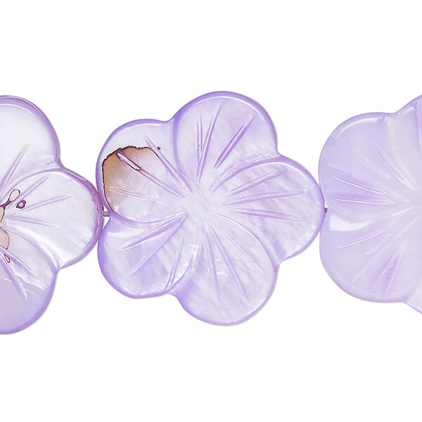 Bead, mother-of-pearl shell (dyed), light purple, 24x23mm-26x25mm carved flat flower with 0.6-0.8mm hole, Mohs hardness 15-1/2" to 16" strand. image number 0