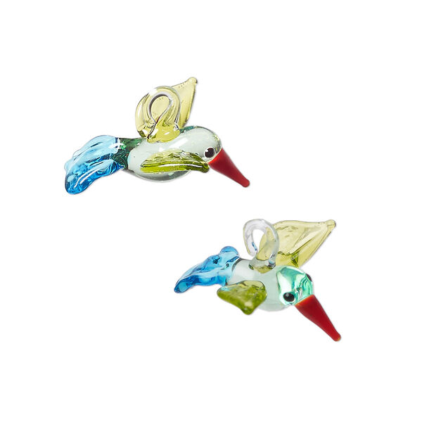 Drop, lampworked glass, multicolored, 20x14mm hummingbird. Sold individually. image number 0