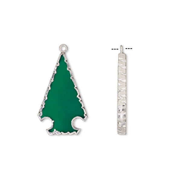 Focal, green onyx (dyed) / electroplated silver / silver-plated sterling silver, 35x21mm hand-cut Christmas tree. Sold individually. image number 0