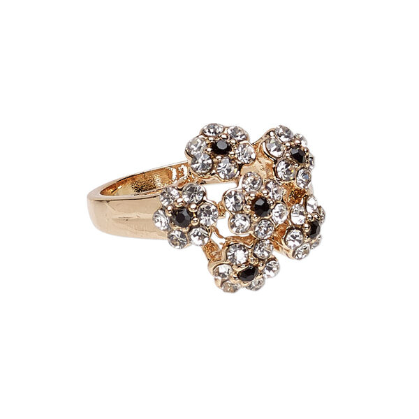 Ring, Egyptian glass rhinestone and rose gold-finished "pewter" (zinc-based alloy), clear and black, 18mm wide with flowers, size 9. Sold individually. image number 0
