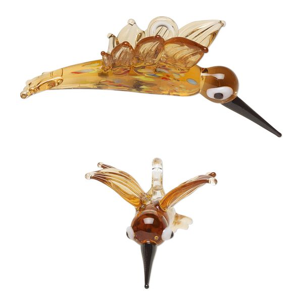 Focal, lampworked glass, translucent multicolored, 53x25mm 3D hummingbird. Sold individually. image number 0