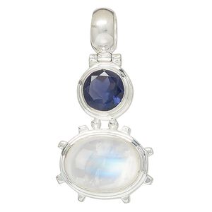 Pendant, rainbow moonstone (natural) / iolite (natural) / sterling silver, 40x26mm oval. Sold individually.