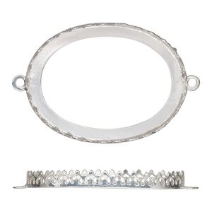 Link, sterling silver, 41.5x31.5mm oval with decorative trim and open back with 40x30mm oval cabochon bezel setting. Sold individually.