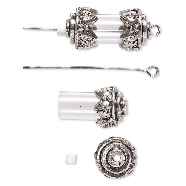 Drop, acrylic and antique silver-finished brass and "pewter" (zinc-based alloy), clear, 24x12mm with 15x8mm round tube and removable ends, 1-1/2 inch eye pin. Sold per pkg of 2. image number 0