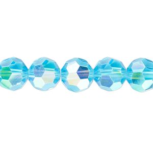 Bead 1pk 32 facets translucent turquoise blue AB, Celestial Crystal® 10mm round 15.5-16 inch