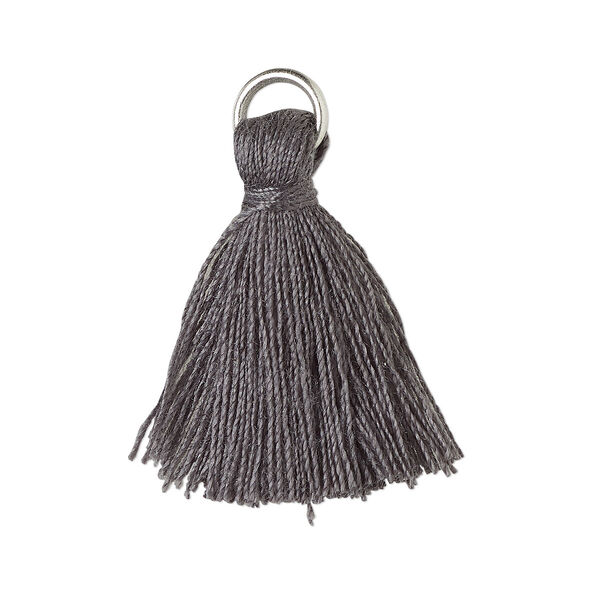 Tassel, cotton and imitation rhodium-finished steel, dark grey, 20-24mm mini tassel with 6mm open jump ring. Sold per pkg of 6. image number 0