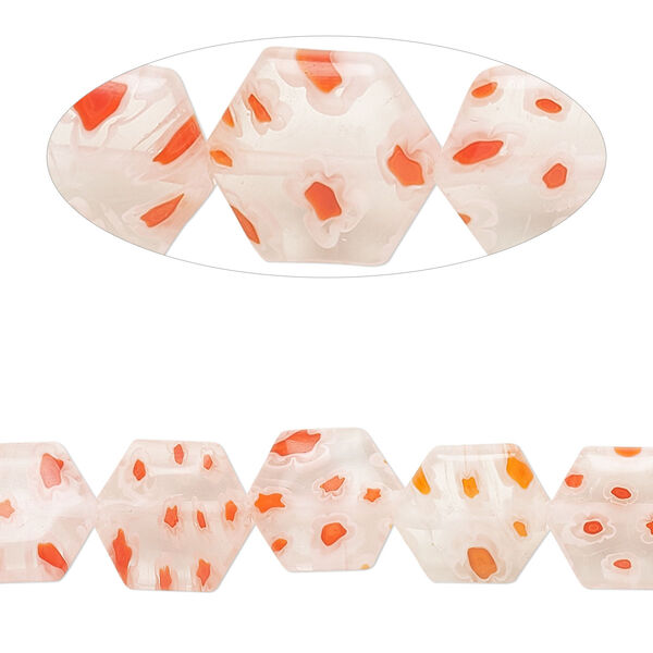 Bead, millefiori glass, translucent clear and multicolored, 8-9mm puffed hexagon with flower, sunburst and stripe design. Sold per 14-inch strand. image number 0