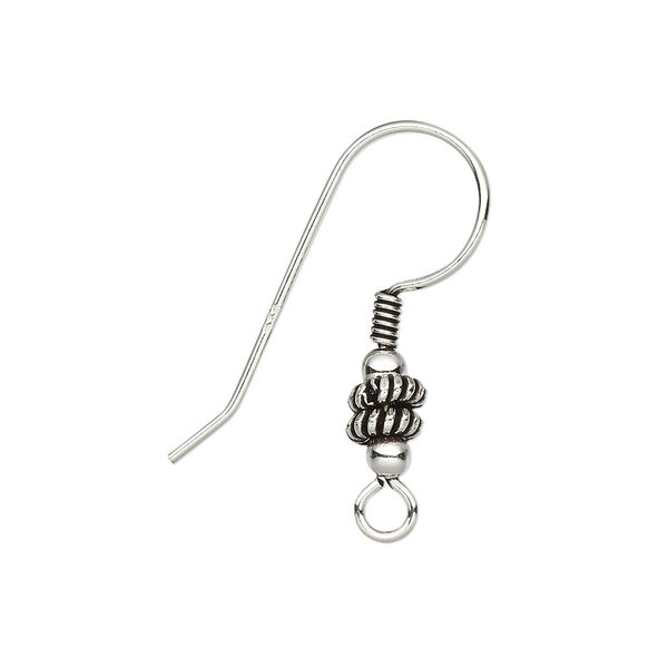 Ear wire, antiqued sterling silver, 27mm fishhook with 8x5mm double rondelle and 4mm coil with open loop, 21 gauge. Sold per pair. image number 0