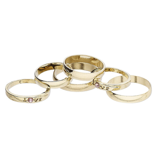 Ring mix, glass rhinestone and gold-finished brass, pink, 3mm and 4mm wide, size 5 to 12-1/2. Sold per pkg of 6. image number 0