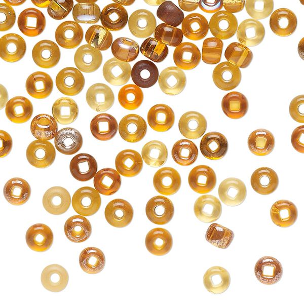 Seed bead, glass, pkg/36inch, #6 rondelle, translucent multi-yellow. image number 0