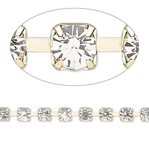 Cupchain, glass rhinestone and gold-finished brass, clear, 4mm round. Sold per pkg of 1 meter, approximately 160 cups.