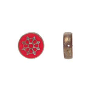 Bead, Preciosa, Czech pressed glass, opaque red and antique copper, 12mm flat round wheel. Sold per pkg of 5.