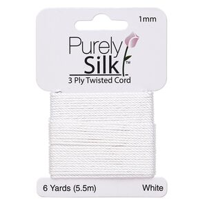 Cord, Purely Silk™, 3-ply, white, 1mm twisted. Sold per 6-yard card.