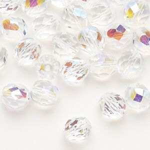 Bead, Czech fire-polished glass, pkg/50, clear AB, 8mm faceted round.