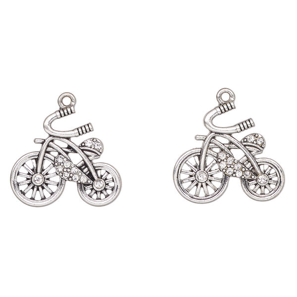 Charm, antique silver-finished "pewter" (zinc-based alloy) and glass, clear, 26x23mm bicycle. Sold per pkg of 2. image number 0