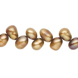 Pearl, cultured freshwater (dyed), copper, 7x5mm-9x6mm herringbone-drilled rice with 0.4-0.6mm hole, C grade, Mohs hardness 2-1/2 to 4. Sold per 14-inch strand.