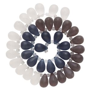 Bead, glass, translucent matte clear, dark blue and smoke, 16x10mm top-drilled teardrop with irregular rondelles. Sold per 14-inch strand.
