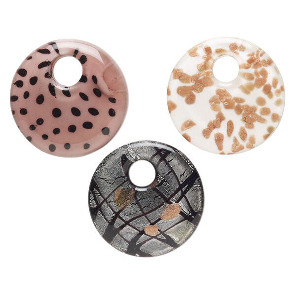 Random focal mix, lampworked glass, pkg/3, opaque and translucent mixed colors with silver-colored foil and copper-colored glitter, 49-51mm undrilled go-go. image number 0