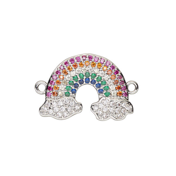 Link, cubic zirconia and silver-finished brass, multicolored, 20x14mm single-sided rainbow. Sold individually. image number 0