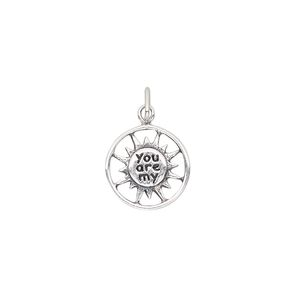 Charm, antiqued sterling silver and enamel, black, 12mm single-sided open round with sun and "You are my." Sold individually.