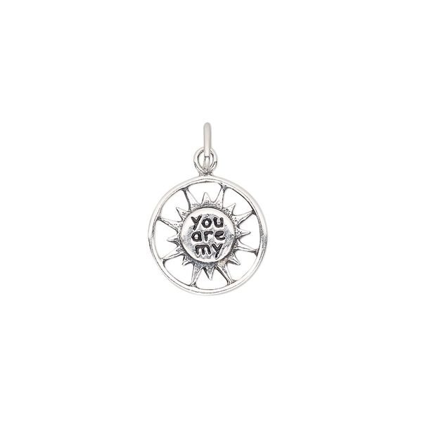 Charm, antiqued sterling silver and enamel, black, 12mm single-sided open round with sun and "You are my." Sold individually. image number 0