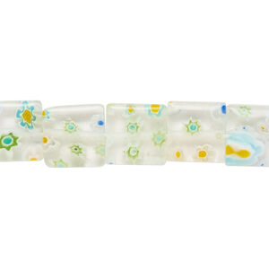 Bead, millefiori glass, translucent and transparent clear and multicolored, 9mm-11x10mm puffed square with flower design. Sold per 14-inch strand.