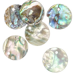 Drop, paua shell (natural), 15mm flat round. Sold per pkg of 6.