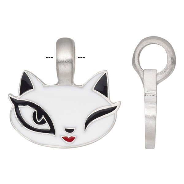 Pendant, enamel and antiqued pewter (tin-based alloy), black / red / white, 27mm single-sided cat face. Sold individually. image number 0