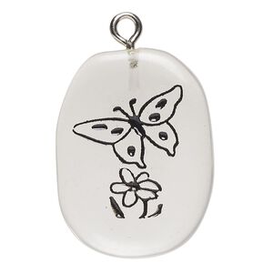 Focal 1pkg1 glass / enamel / steel, 26x20mm-38x31mm single-sided freeform oval / butterfly / flower, clear / black / silver finish