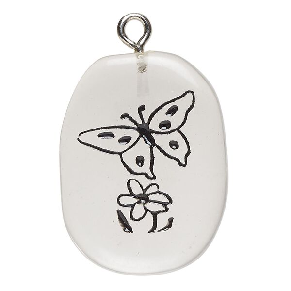 Focal 1pkg1 glass / enamel / steel, 26x20mm-38x31mm single-sided freeform oval / butterfly / flower, clear / black / silver finish image number 0