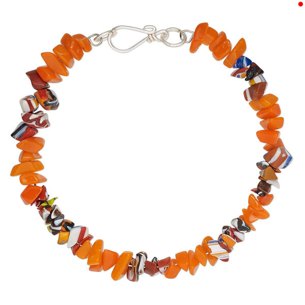 Bracelet, glass / chevron glass / steel memory wire, orange and multicolored, 7.5mm wide chip, 7-1/2 inches with hook clasp. Sold individually. image number 0