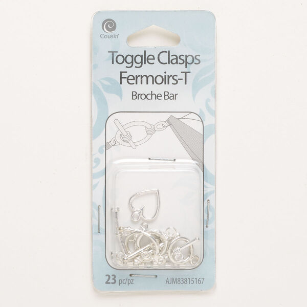 Clasp and crimp assortment, toggle, brass, pkg/23, silver finish, assorted shapes and sizes. image number 0