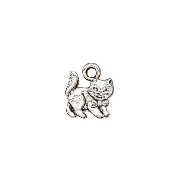 Charm, pewter (tin-based alloy), pkg/1, antique silver plate, 11.5mm cat with bowtie. image number 0
