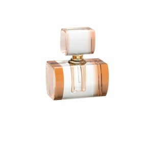 Perfume bottle, glass and gold-finished pewter (tin-based alloy), peach and clear, 3 x 2-1/2 x 1-1/2 inches with glass dauber. Sold individually.