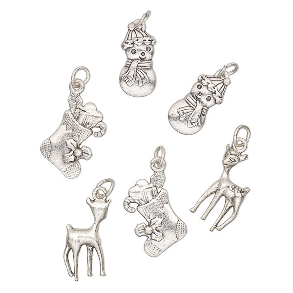 Charm assortment, antique silver-finished "pewter" (zinc-based alloy), 20x12mm-17.5 x 9mm Christmas shapes. Sold per pkg of 6. image number 0