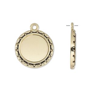 Drop, antique gold-finished "pewter" (zinc-based alloy), 19mm round with oval edge and 14mm round setting. Sold per pkg of 6.