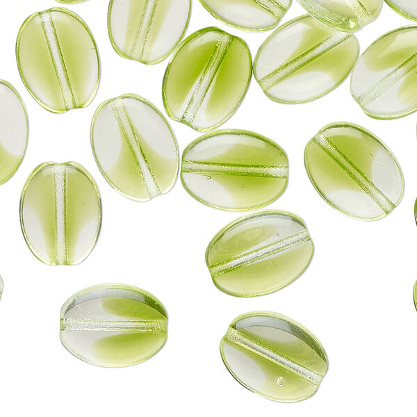 Bead, pressed glass, transparent clear and green, 12x9mm puffed oval. Sold per pkg of 50. image number 0