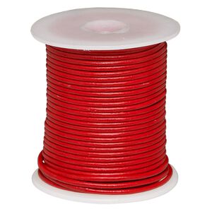 Cord, leather (dyed), red, 2mm round. Sold per 25-yard spool.