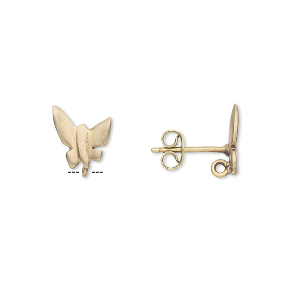 Earstud, brass and brass-plated stainless steel, 11x9mm matte butterfly with hidden closed loop. Sold per pkg of 2 pairs. image number 0