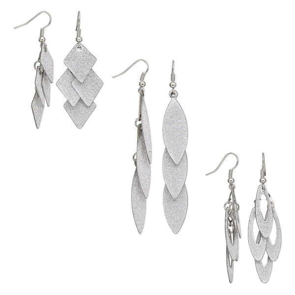 Earring mix, stainless steel / silver-plated brass / steel / stainless steel, 2-1/4 to 3-1/2 inch stardust mixed shape with fishhook ear wire. Sold per pkg of 3 pairs. image number 0