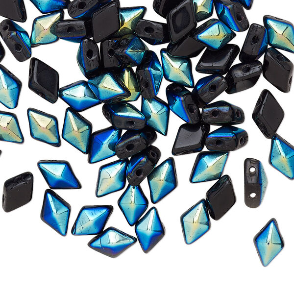 Bead, DiamonDuo™, Czech pressed glass, opaque jet AB, 8x5mm faceted diamond with flat back and (2) 0.7-0.8mm holes. Sold per 10-gram pkg, approximately 70 beads. image number 0