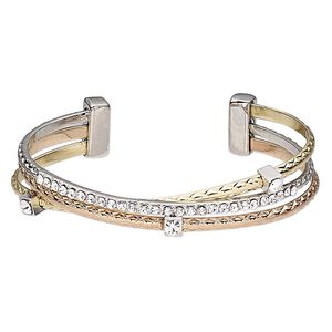 Bracelet, cuff, glass rhinestone / gold-finished / silver- / copper-plated brass / "pewter" (zinc-based alloy), clear, 13mm wide, adjustable from 6 to 6-1/2 inches. Sold individually.