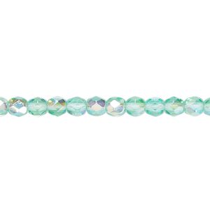 Bead, Czech fire-polished glass, light aqua AB, 4mm faceted round. Sold per 15-1/2" to 16" strand.