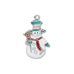 Charm, enamel and silver-plated "pewter" (zinc-based alloy), multicolored with glitter, 23x15mm single-sided snowman with hat / broom / scarf. Sold individually.
