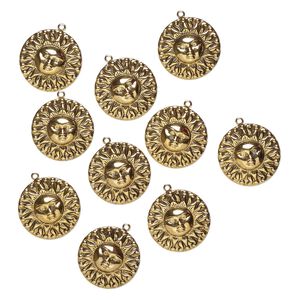 Charm, steel, pkg/10, 27mm stamped sun with face, gold finish.
